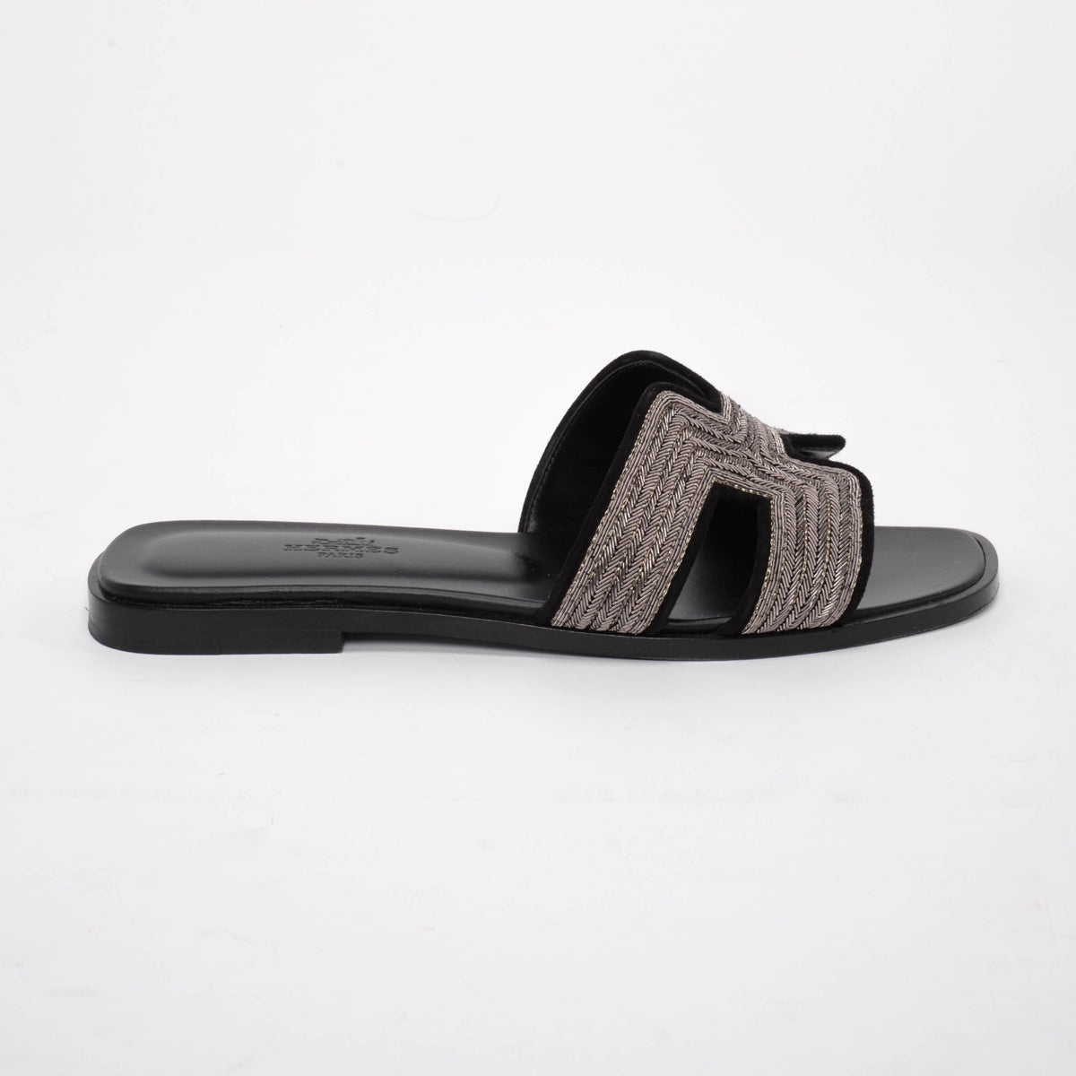 Hermes Black Suede Dabka Embroidered Oran Sandals 37