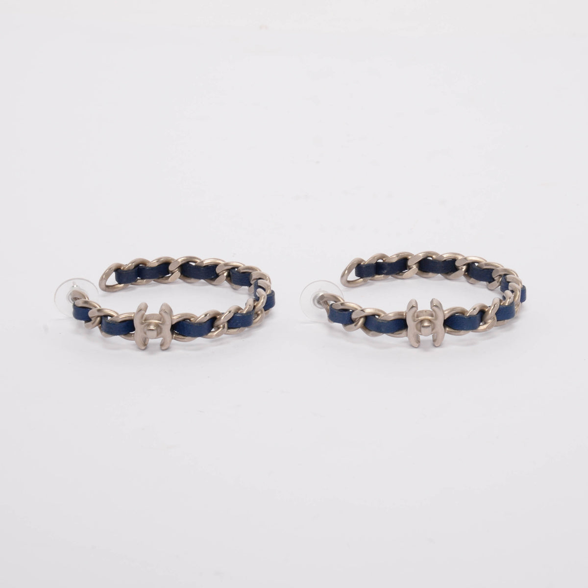 Chanel Blue Leather CC Turnlock Chain Hoop Earrings