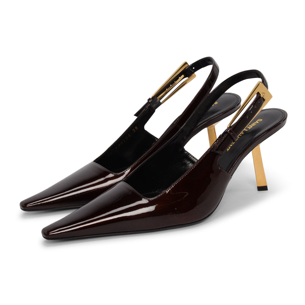 Saint Laurent Marron Glace Patent Lee Slingback Pumps 38