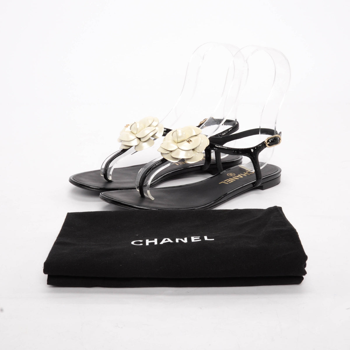 Chanel Black Patent CC Camellia Thong Sandals 37