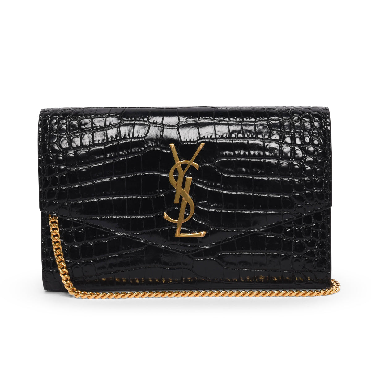Saint Laurent Black Croc Embossed Uptown Chain Wallet