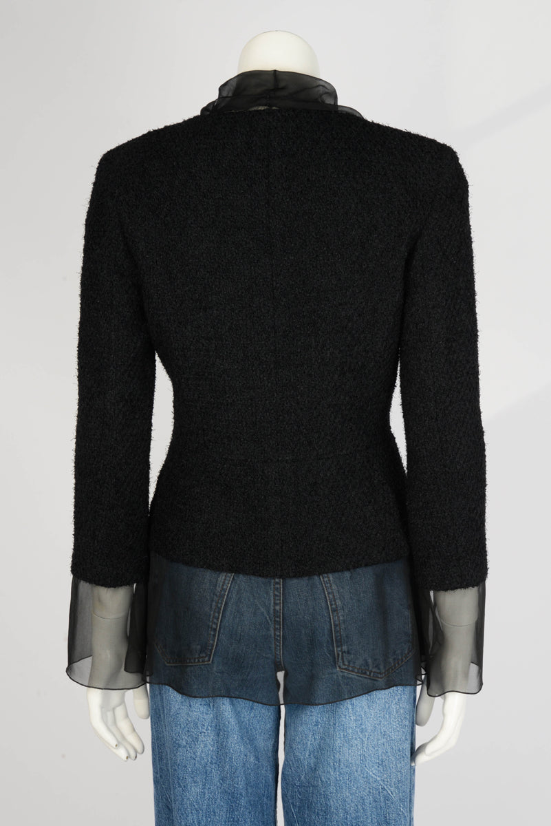Chanel Black Boucle & Chiffon Wrap Jacket FR 38