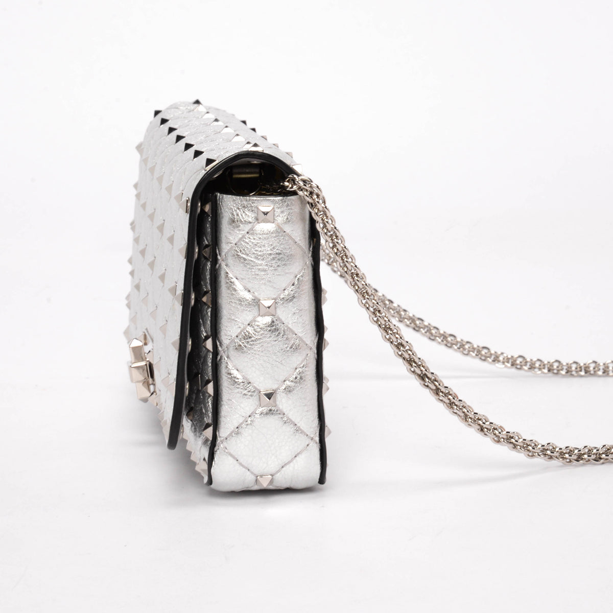 Valentino Silver Lambskin Rockstud Spike Wallet on Chain