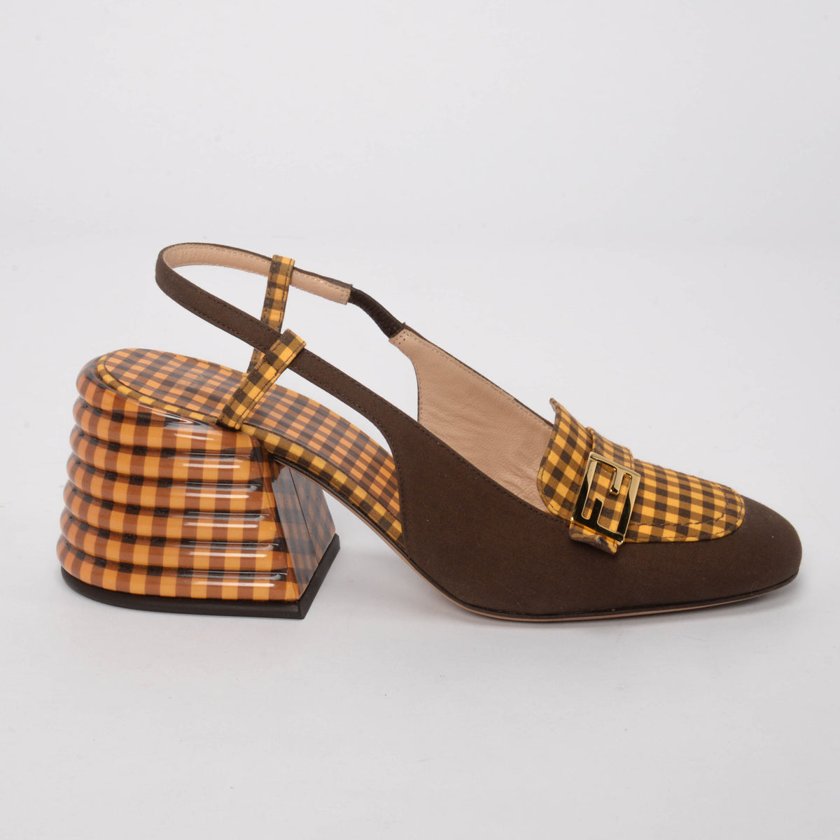 Fendi Brown & Yellow Check Promenade Slingback Loafers 36