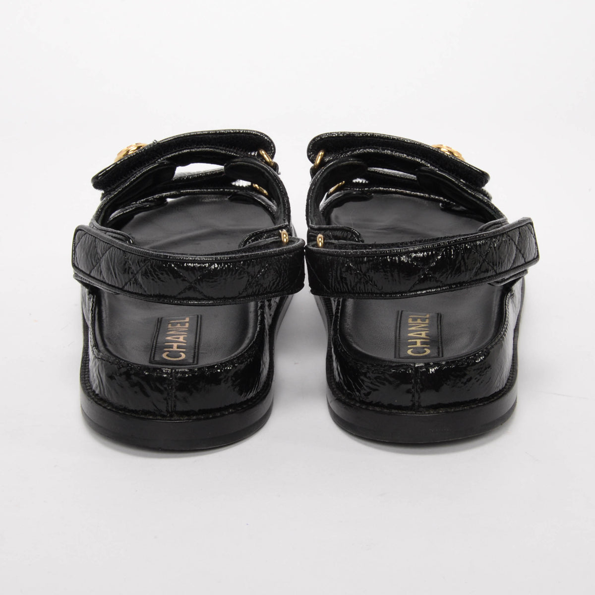Chanel Black Crinkled Patent Dad Sandals 41.5