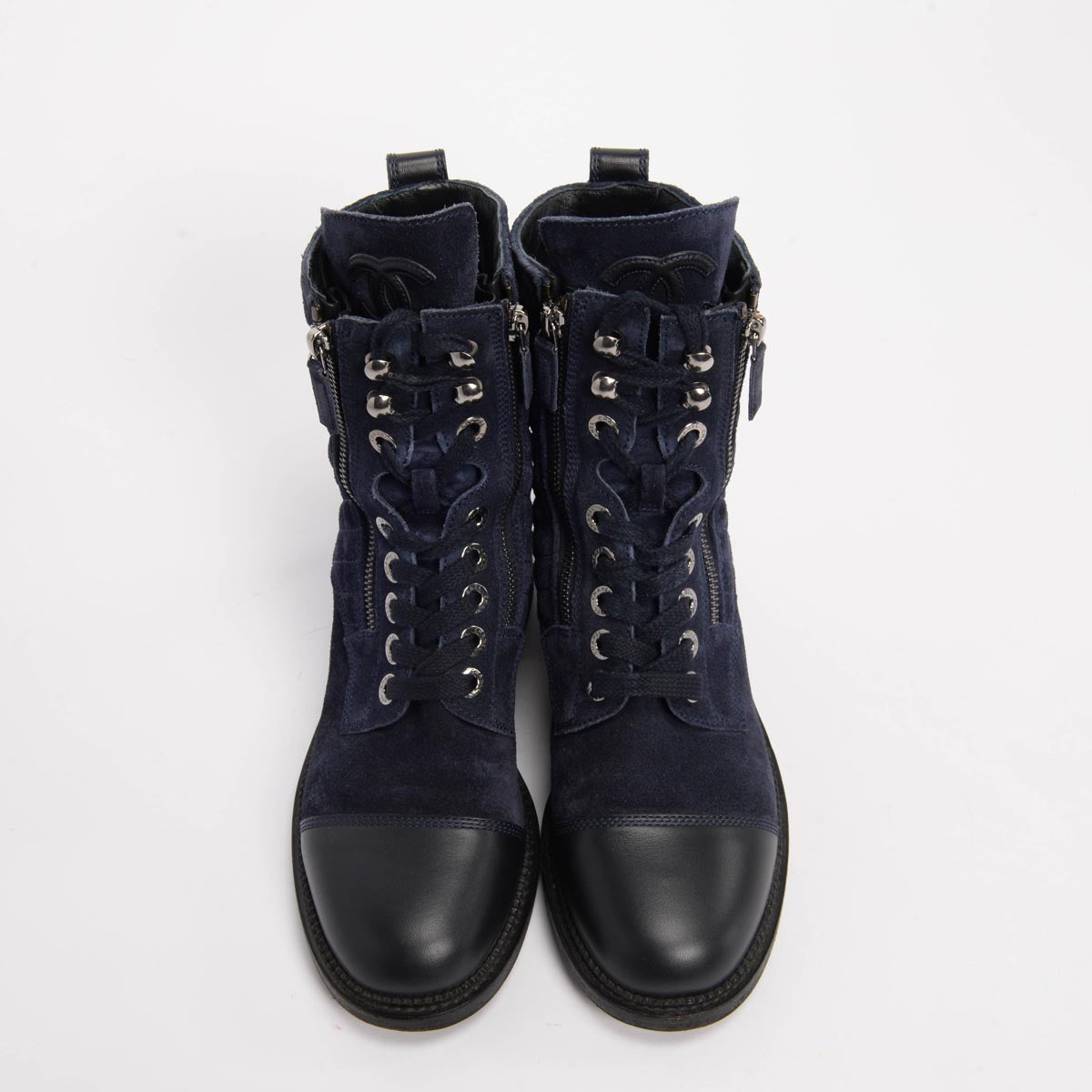 Chanel Navy Quilted Suede Lace Up CC Combat Boots 38