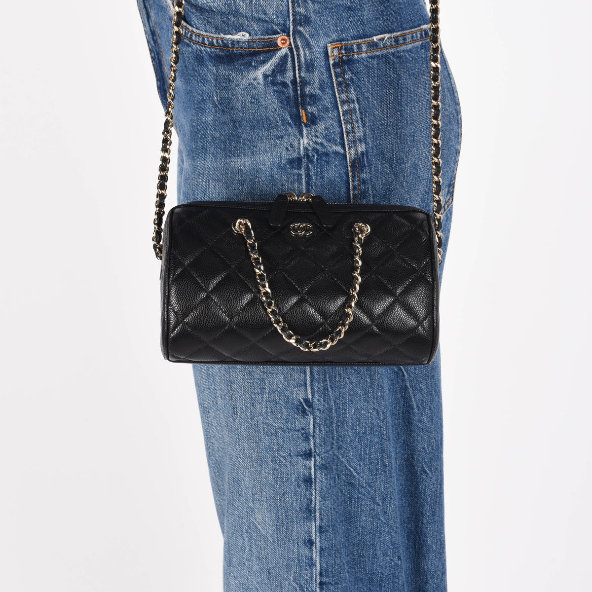 Chanel Black Quilted Caviar Mini Bowling Bag with Chain