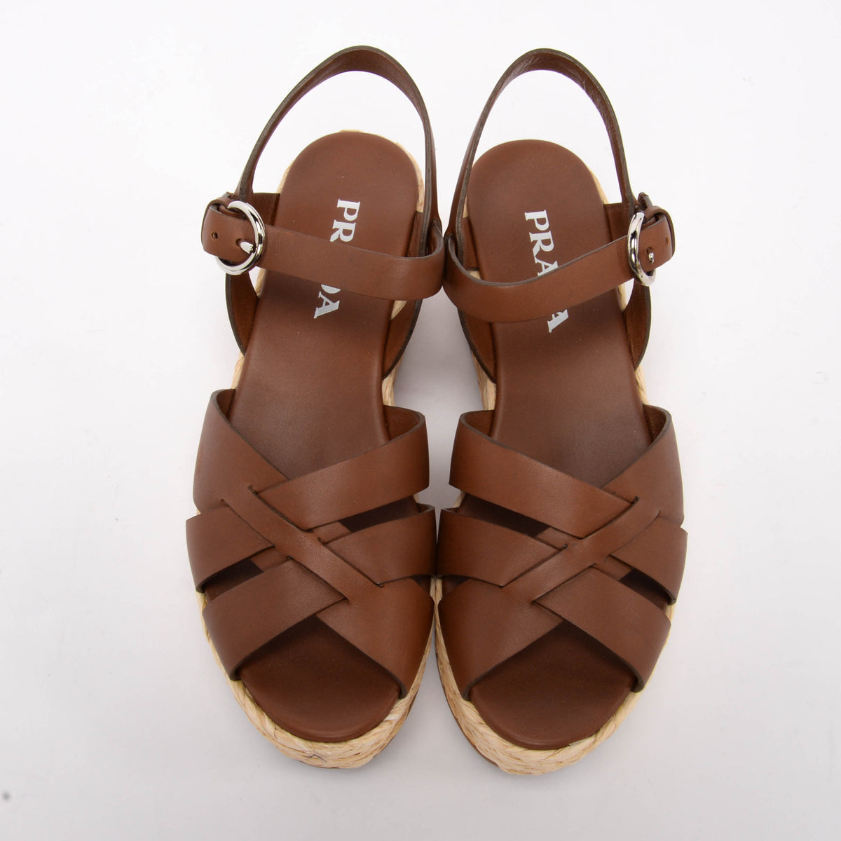 Prada Brown Calfskin & Raffia Espadrille Wedges 38