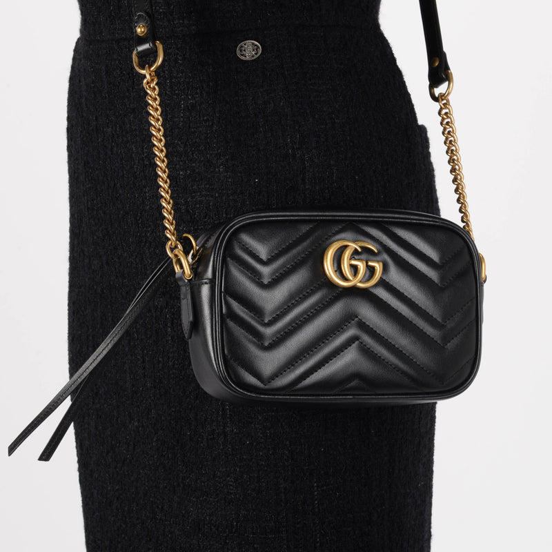 Gucci Black Matelasse Mini GG Marmont Shoulder Bag - Blue Spinach