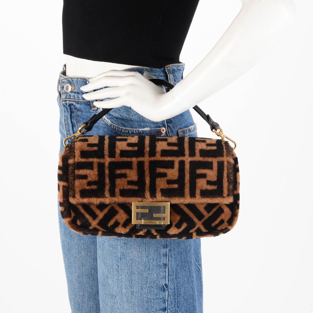 Fendi Brown FF Shearling Baguette Bag