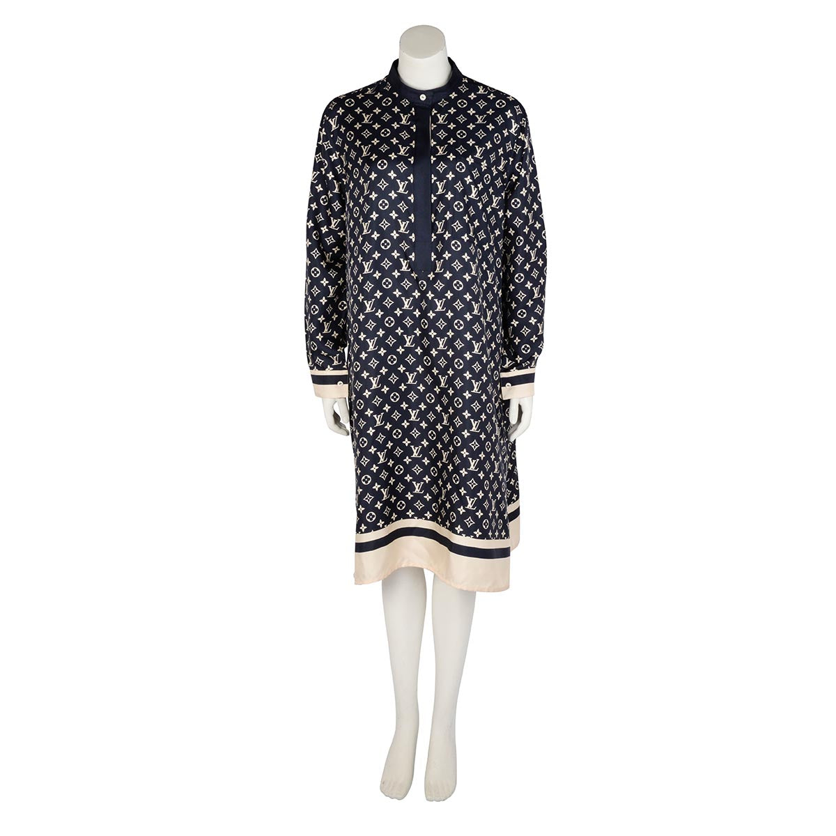 Louis Vuitton Indigo Silk Stripe Accent Monogram Shirt Dress FR 44 Louis Vuitton Indigo Silk Stripe Accent Monogram Shirt Dress FR 44