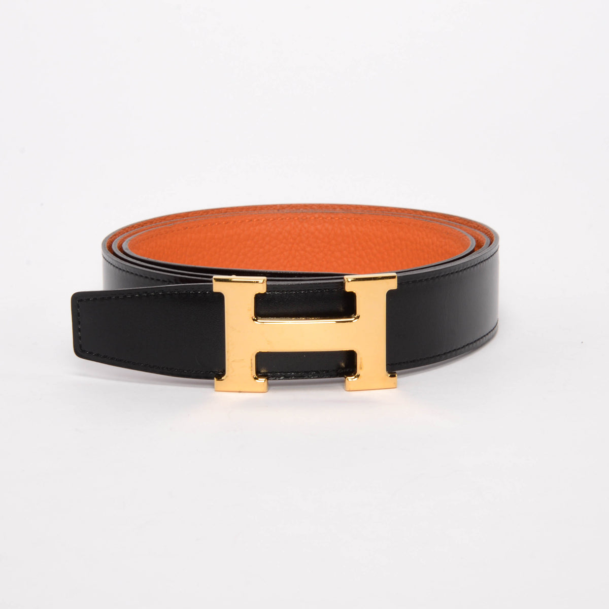 Hermes Black & Orange Box Calf & Togo Reversible H Buckle Belt