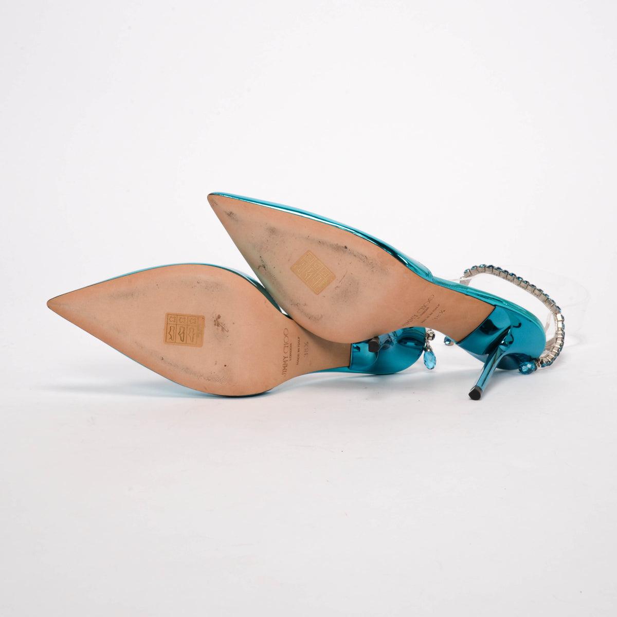 Jimmy Choo Blue Metallic Leather Crystal Saeda Pumps 38.5