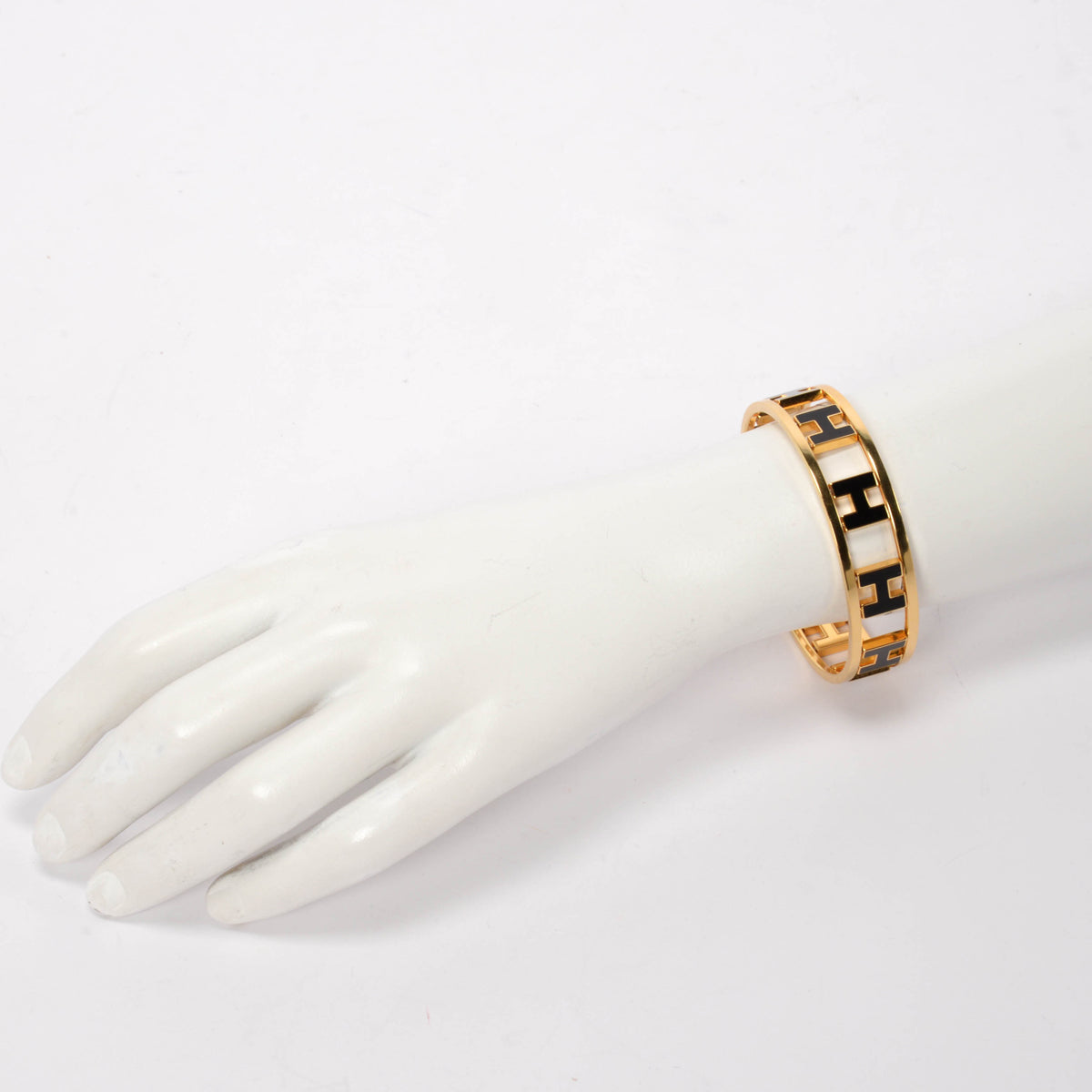 Hermes Black Enamel & Gold Plated Rondo Ash H Bangle