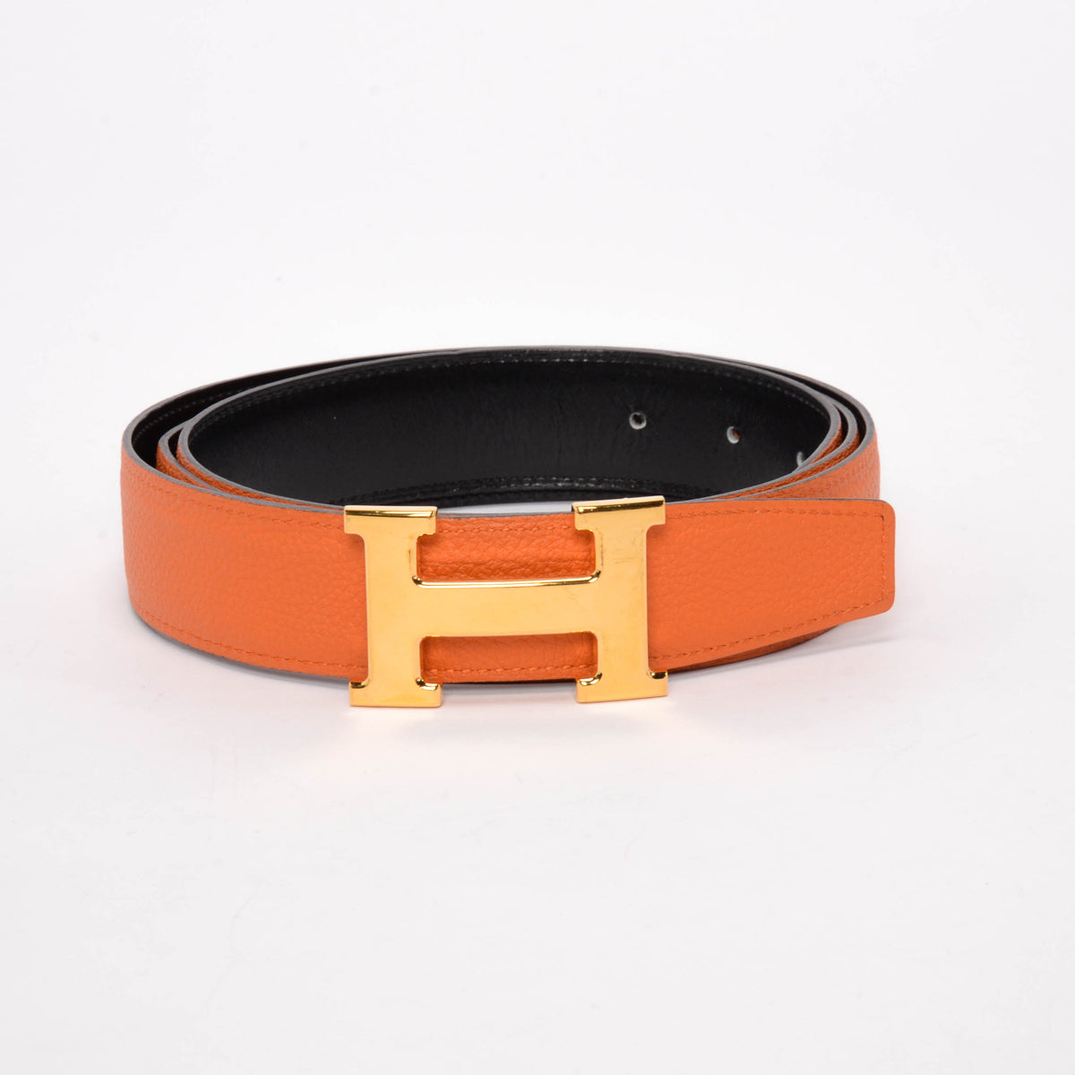 Hermes Black & Orange Box Calf & Togo Reversible H Buckle Belt