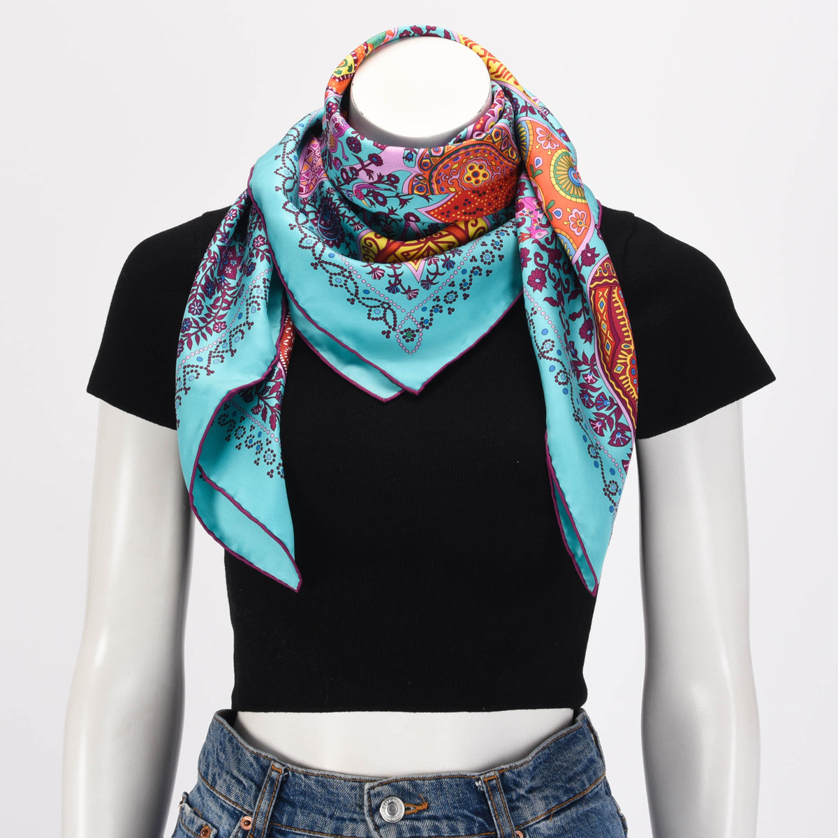 Hermes Teal Silk L'Arbre de Vie Scarf