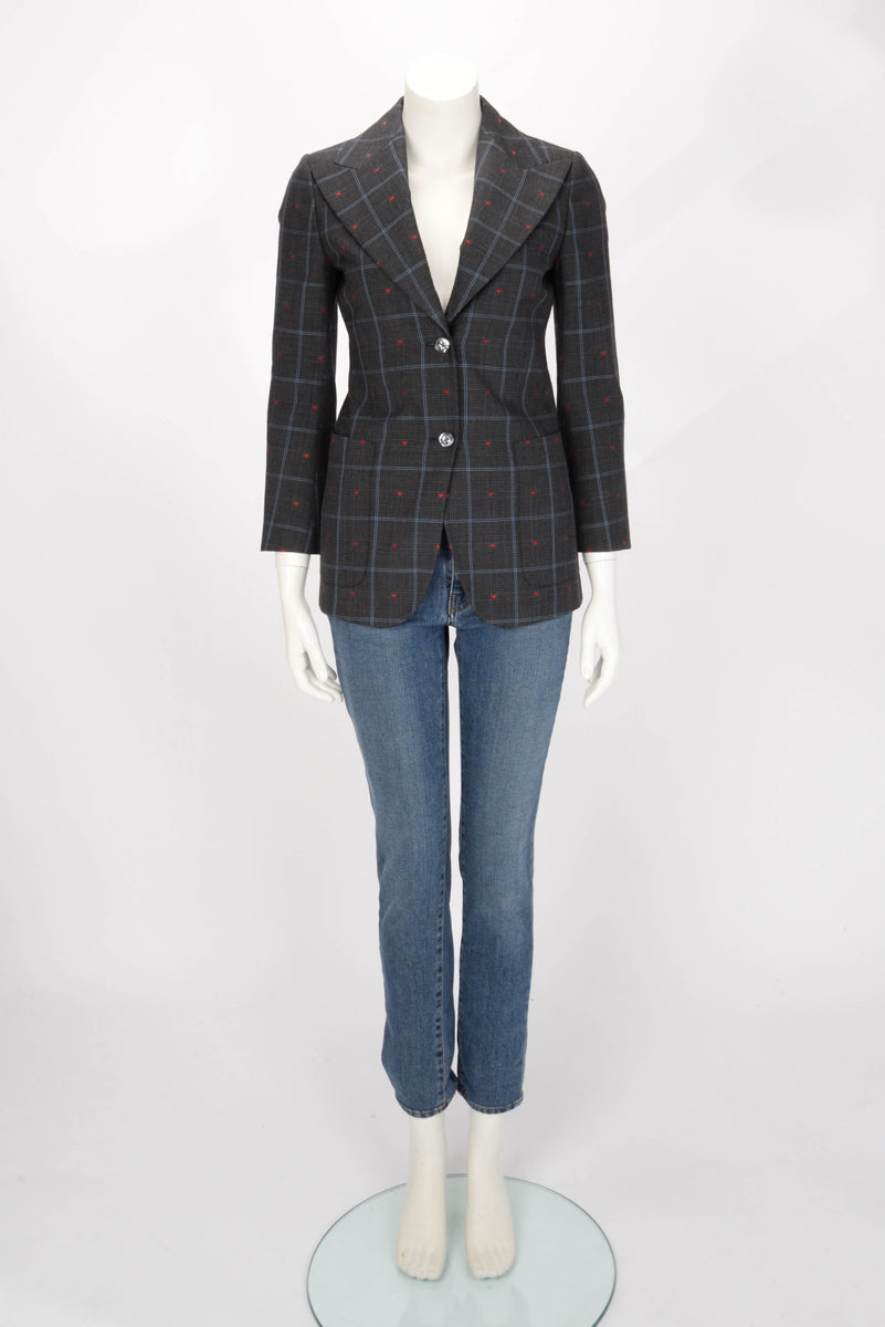 Gucci Grey Wool Check Heart Embroidered Blazer IT 36