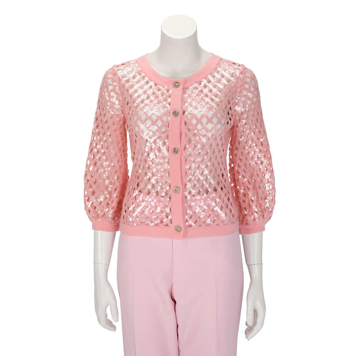 Chanel Pink Cashmere Sequin Quilt Cardigan FR 38
