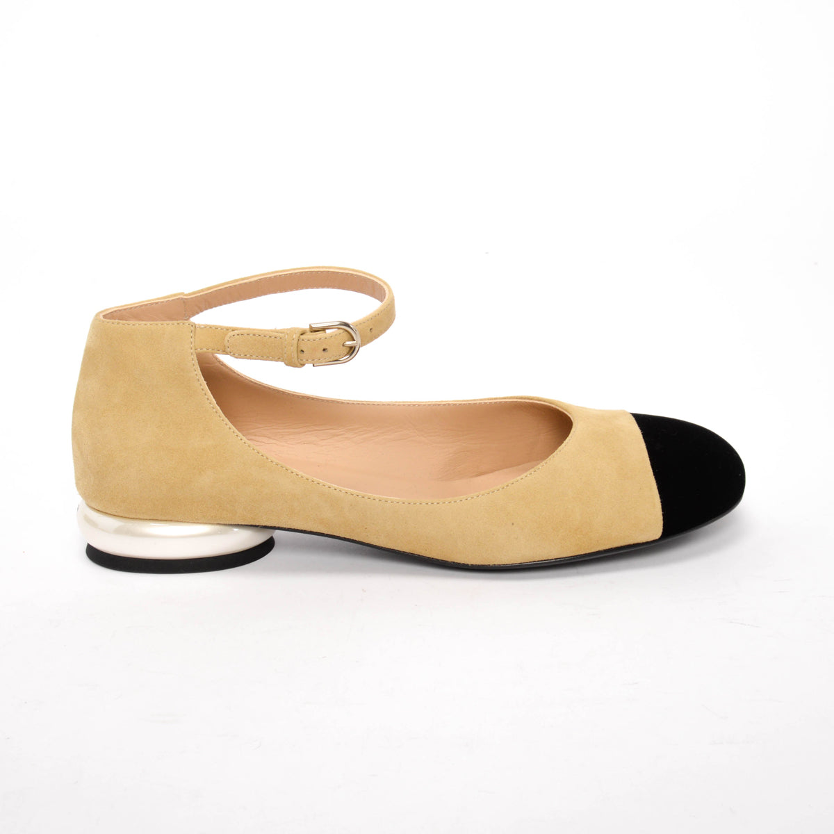 Chanel Beige & Black Suede & Velvet Cap Toe Mary Janes 38.5