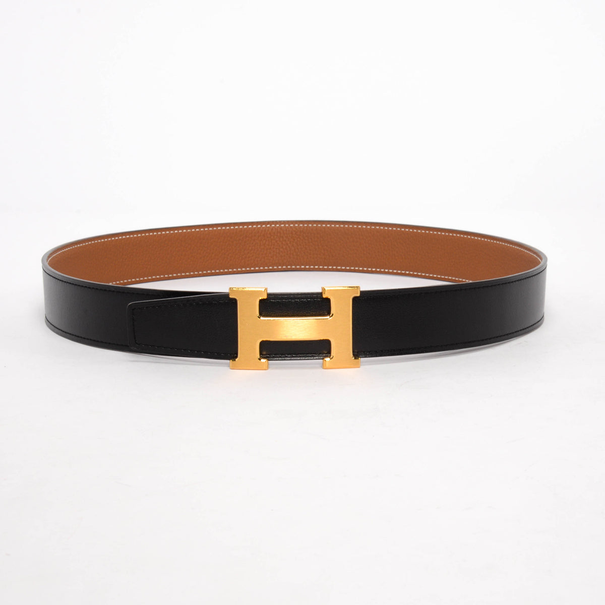 Hermes Black & Gold Box Calf & Togo Reversible H Belt