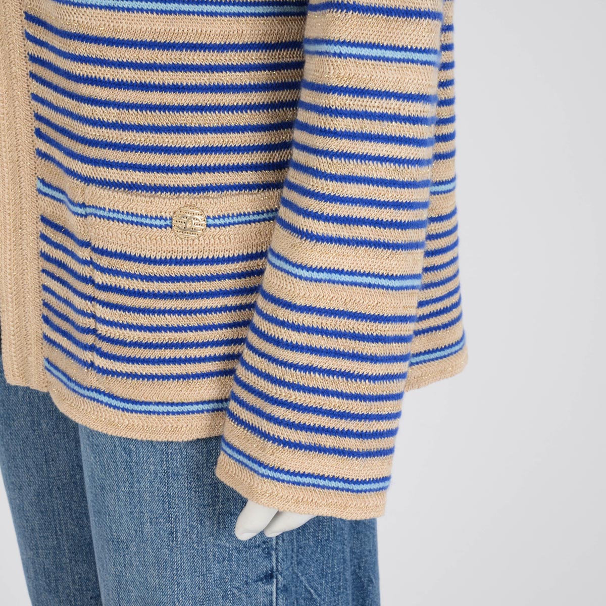 Chanel Beige & Blue Metallic Knit Striped Cardigan FR 48