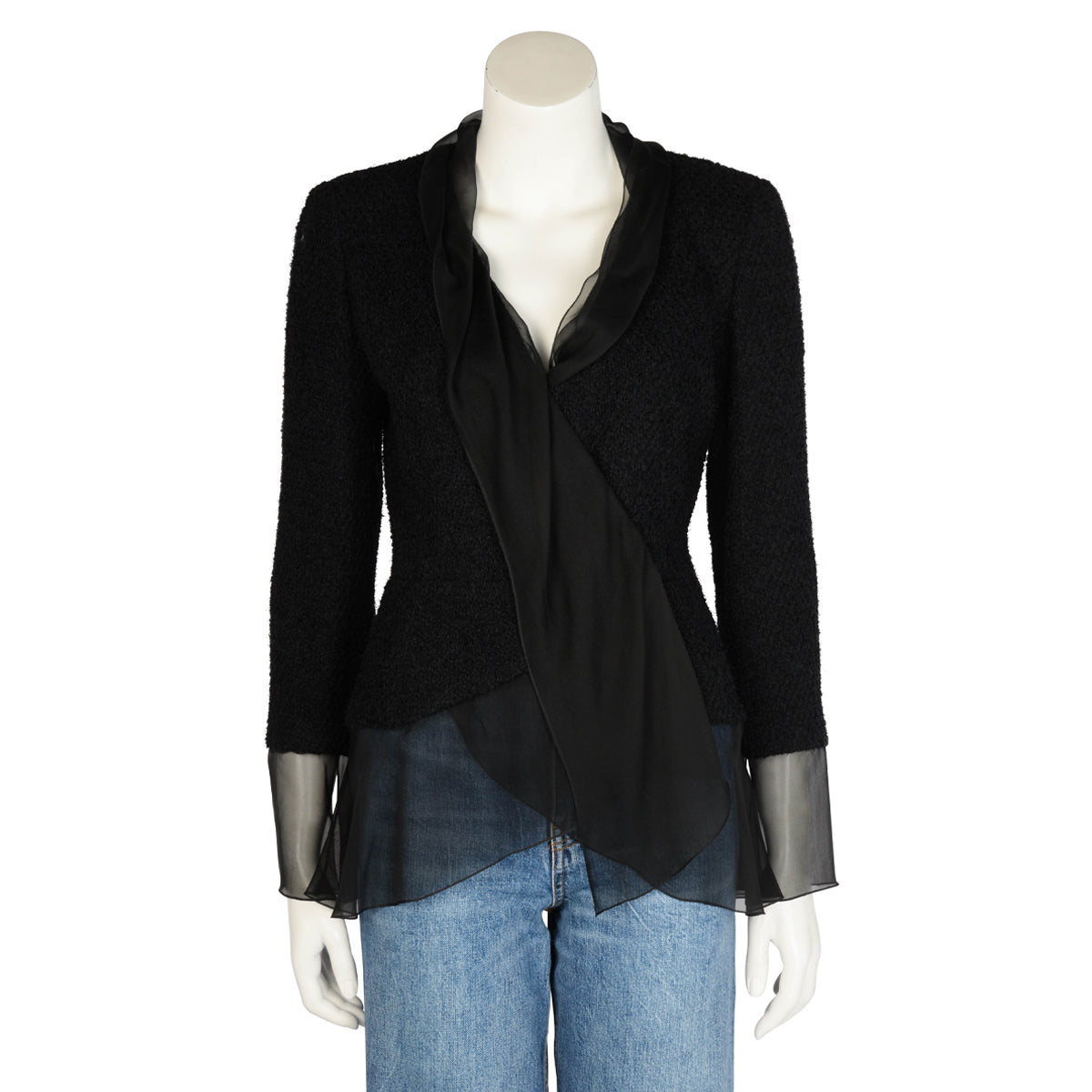 Chanel Black Boucle & Chiffon Wrap Jacket FR 38
