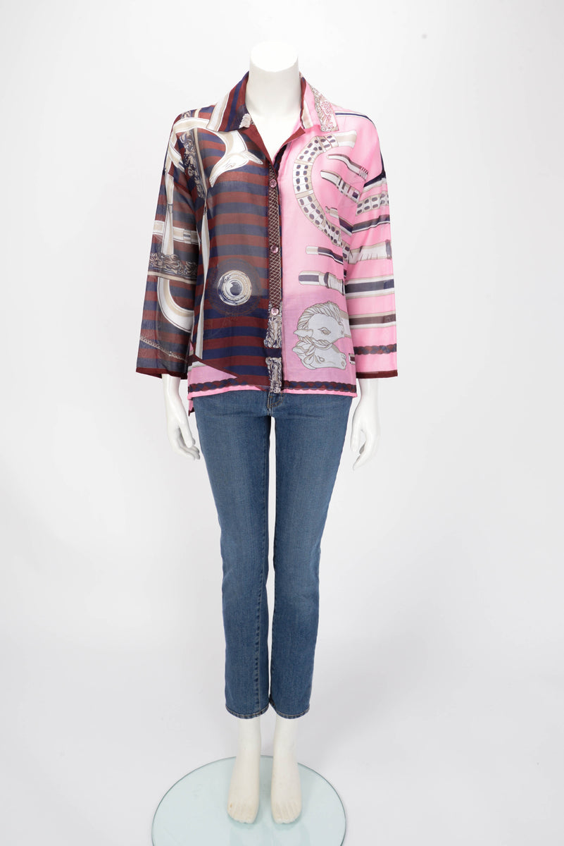 Hermes Pink & Burgundy Muslin Cotton Cannes et Cannes Shirt FR 38