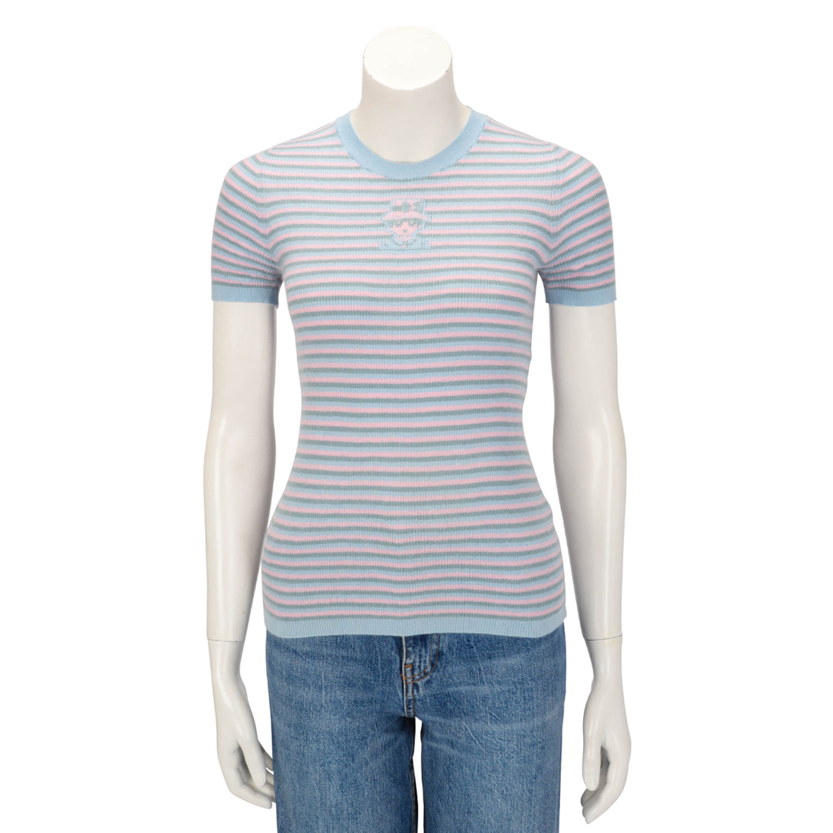 Chanel Blue Cashmere & Mohair Striped Short-Sleeved Top FR 38