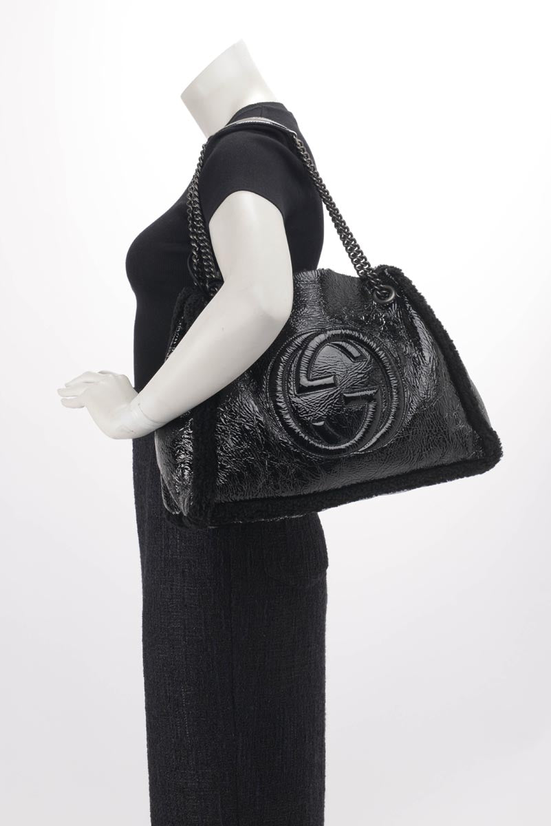 Gucci Black Patent Shearling Soho Chain Shoulder Bag