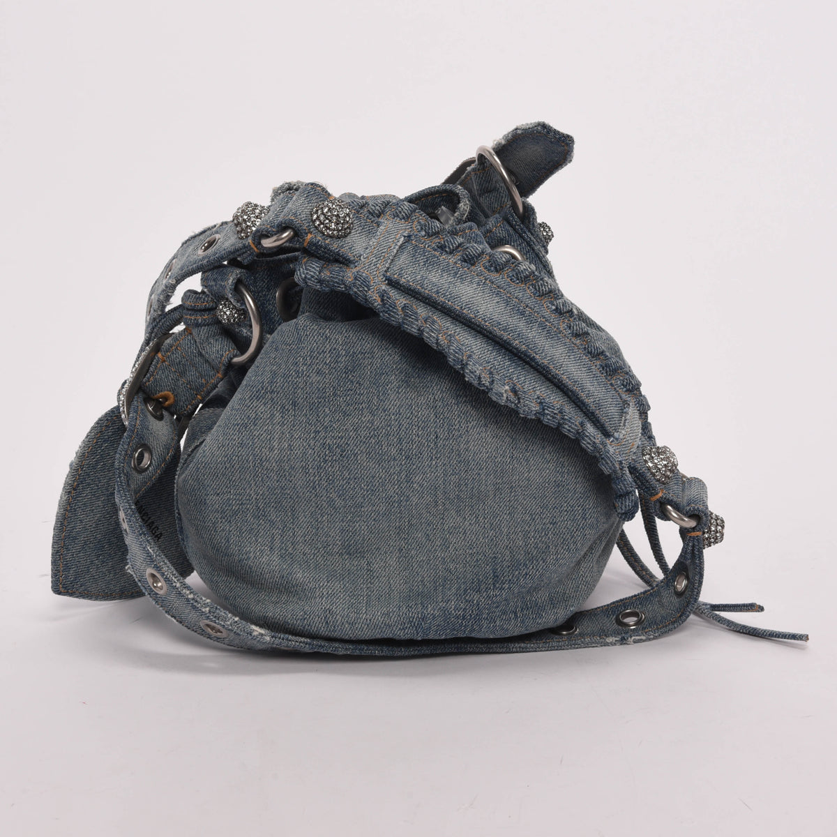 Balenciaga Blue Denim & Crystal BB Monogram Le Cagole Bucket Bag