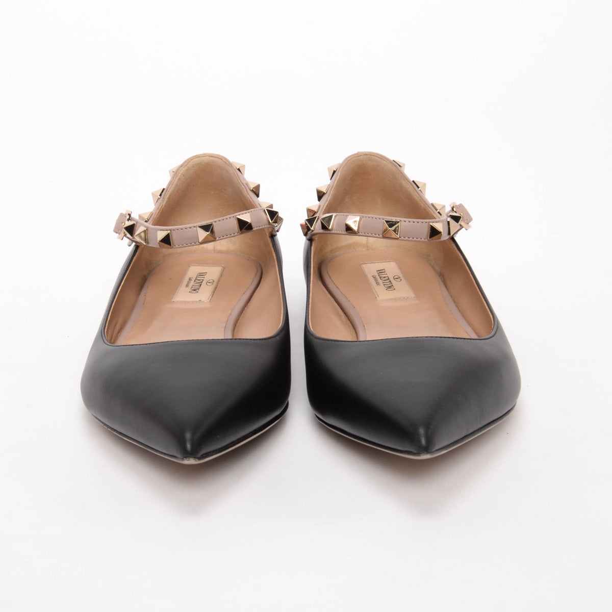 Valentino Black & Poudre Calfskin Rockstud Ankle Strap Ballerina Flats 41