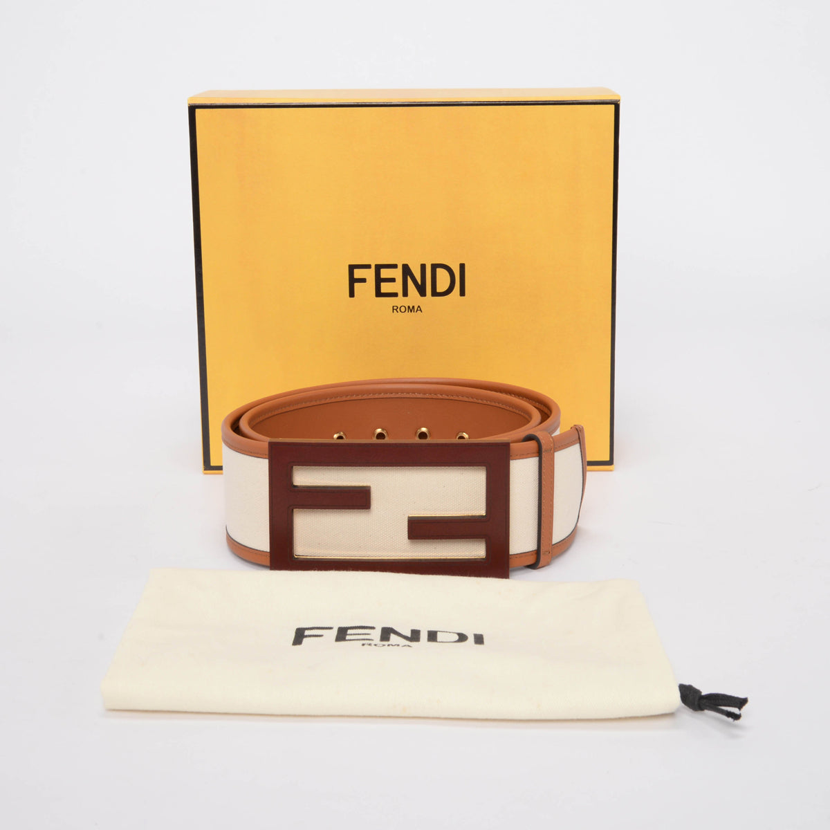 Fendi Ivory Vitello & Canvas King FF Belt