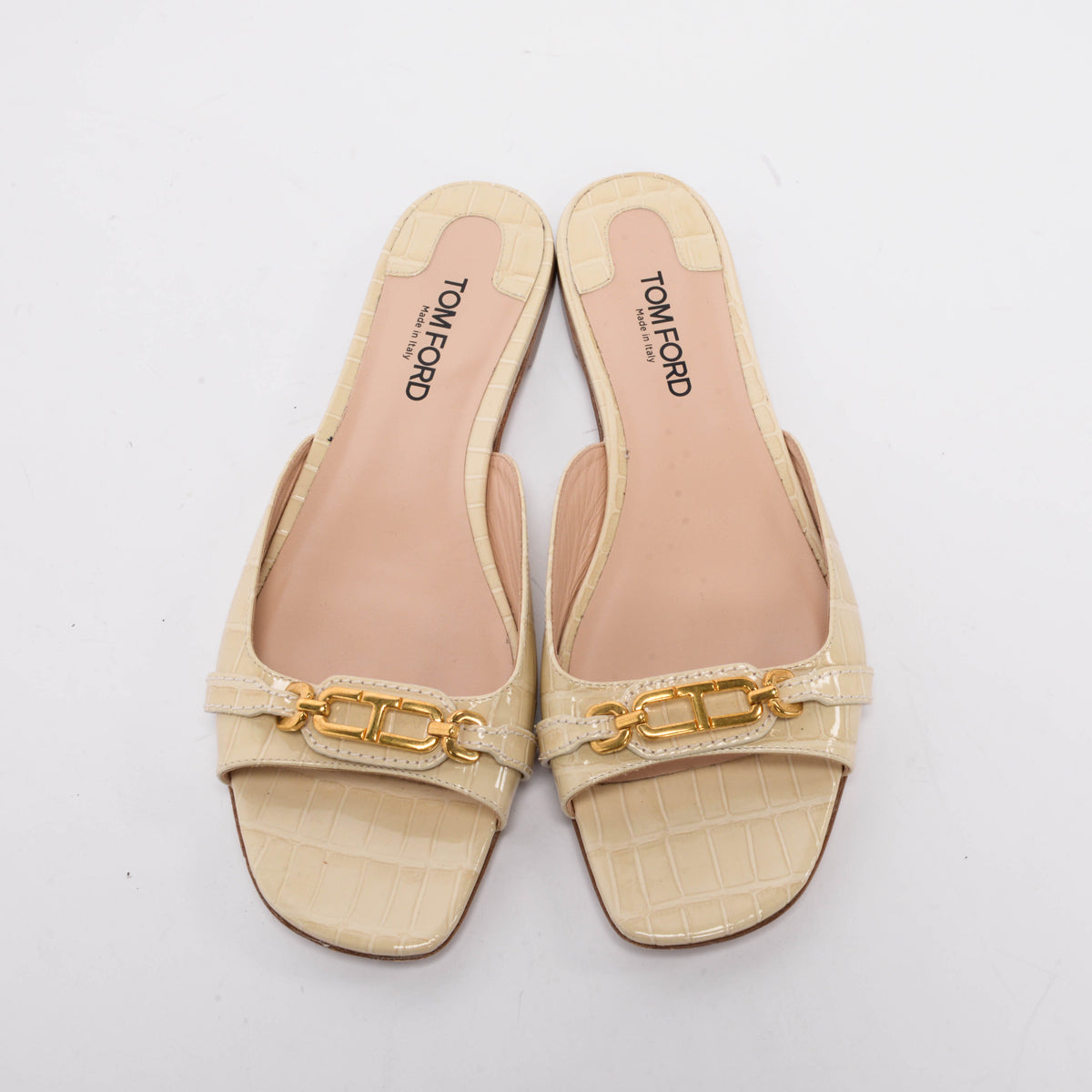 Tom Ford Beige Patent Croc Open Toe Flats 39