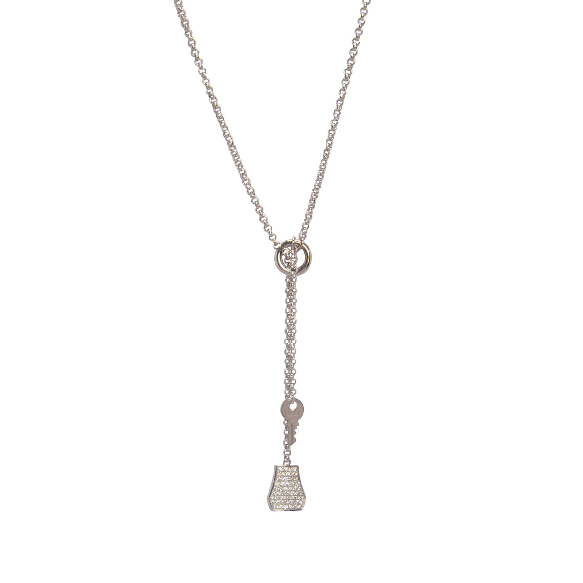 Hermes 18k White Gold & Diamond Small Model Kelly Clochette Necklace