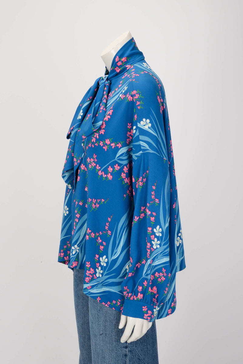 Balenciaga Blue Floral Print Neck Tie Blouse FR 38