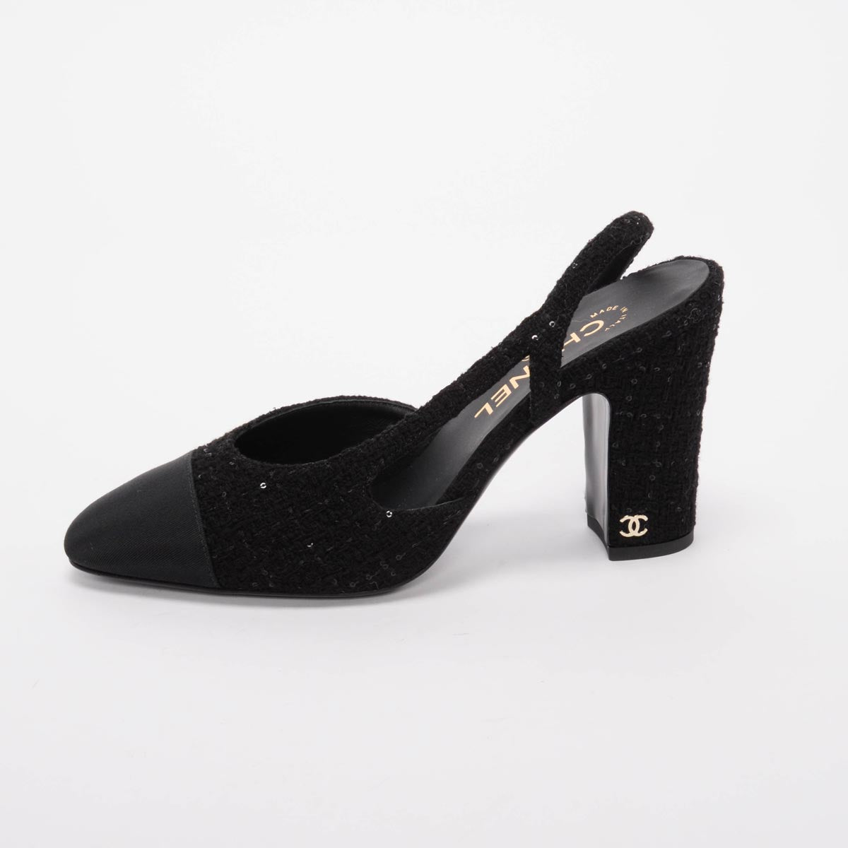 Chanel Black Sequin Tweed Slingback Pumps 38