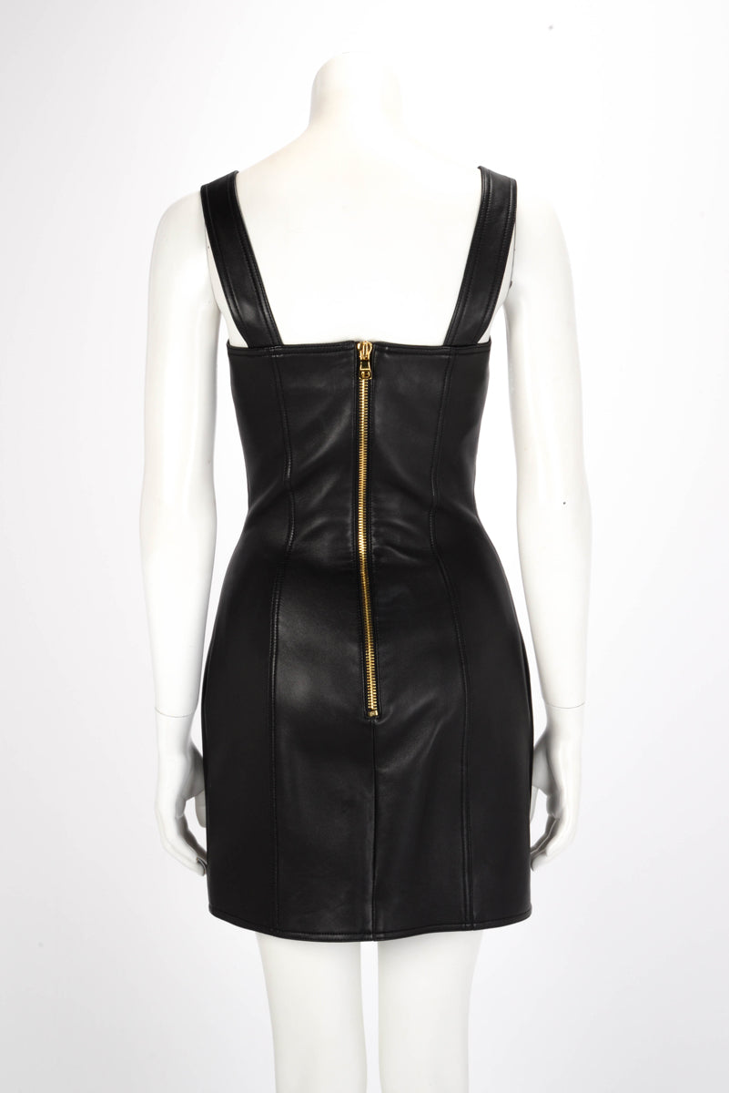 Balmain Black Lambskin Pinafore Mini Dress FR 38