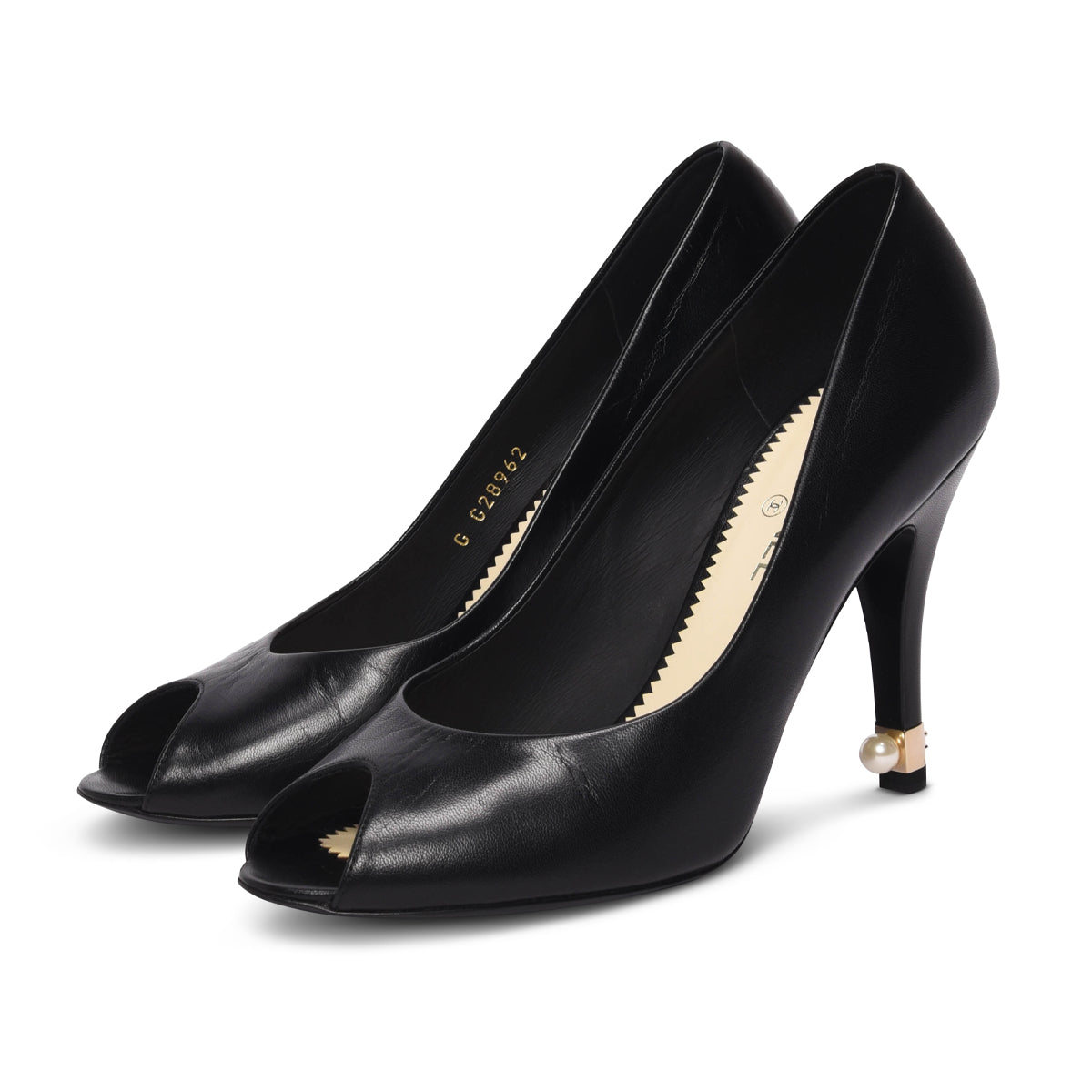 Chanel Black Lambskin Pearl Detail Peep Toe Pumps 37.5