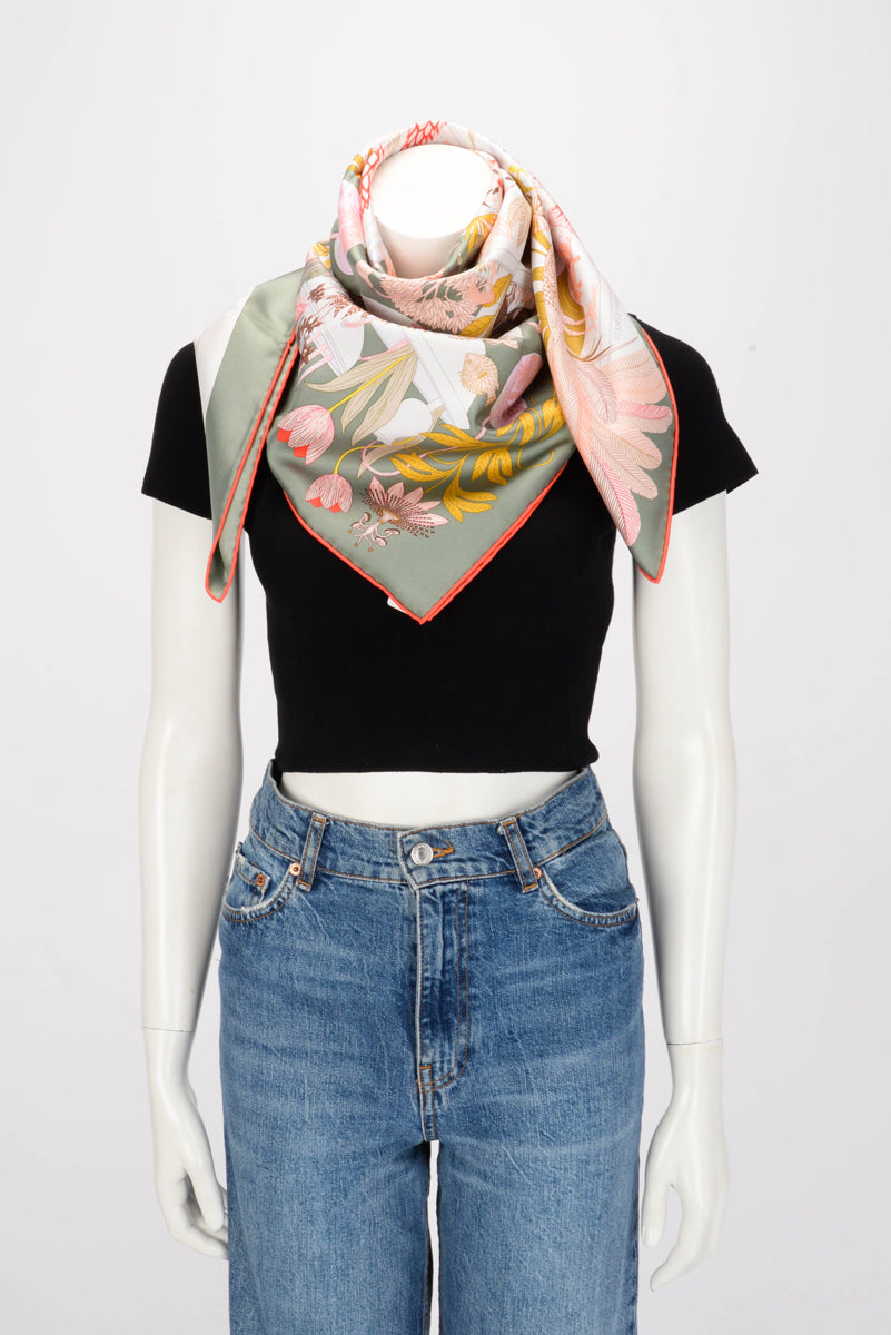Hermes Kaki Silk Precious Paradise Scarf