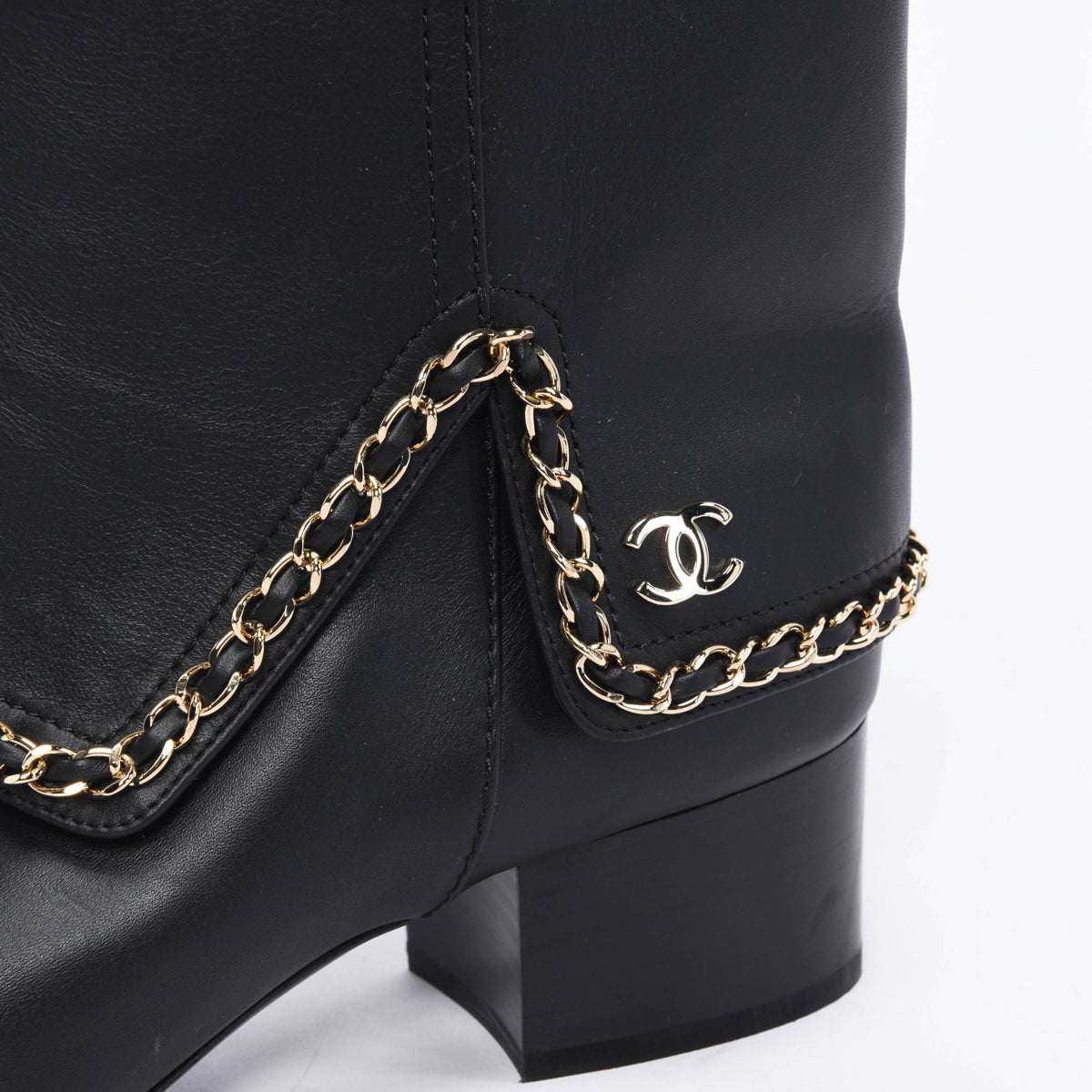 Chanel Black Calfskin Knee High Chain Trim Boots 40.5