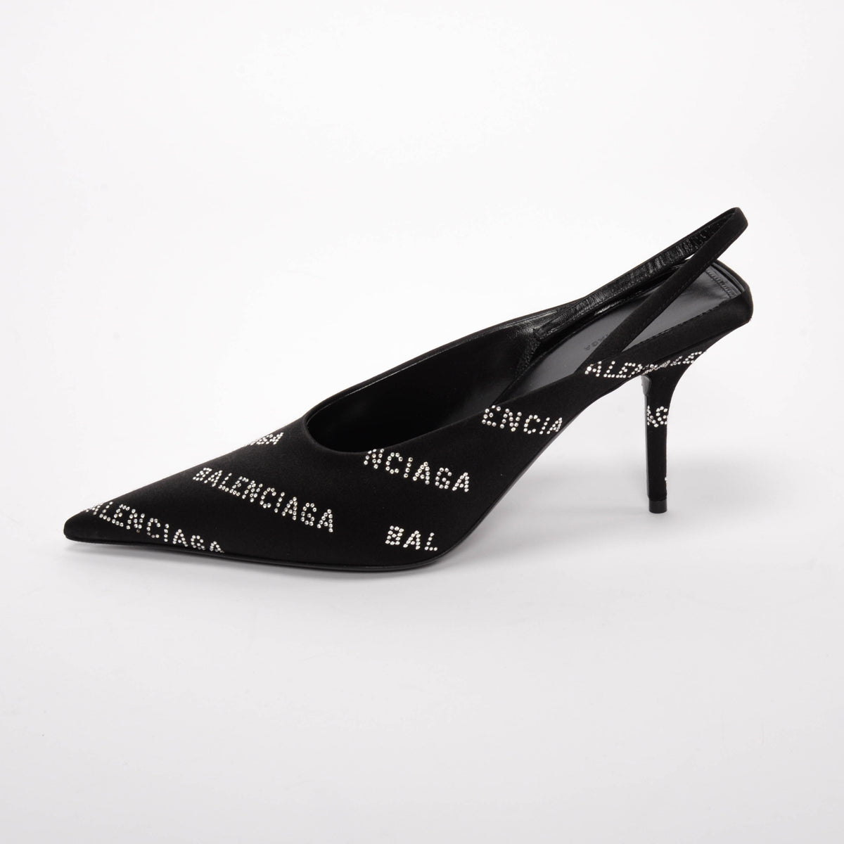 Balenciaga Black Satin Square Knife Crystal Logo Slingbacks 38