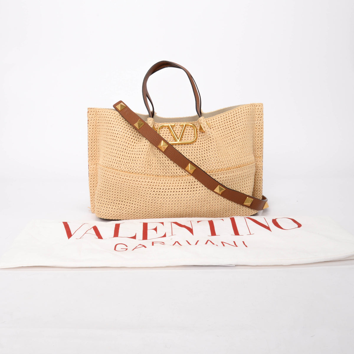 Valentino Tan Calfskin & Raffia Medium Rockstud VLogo Tote