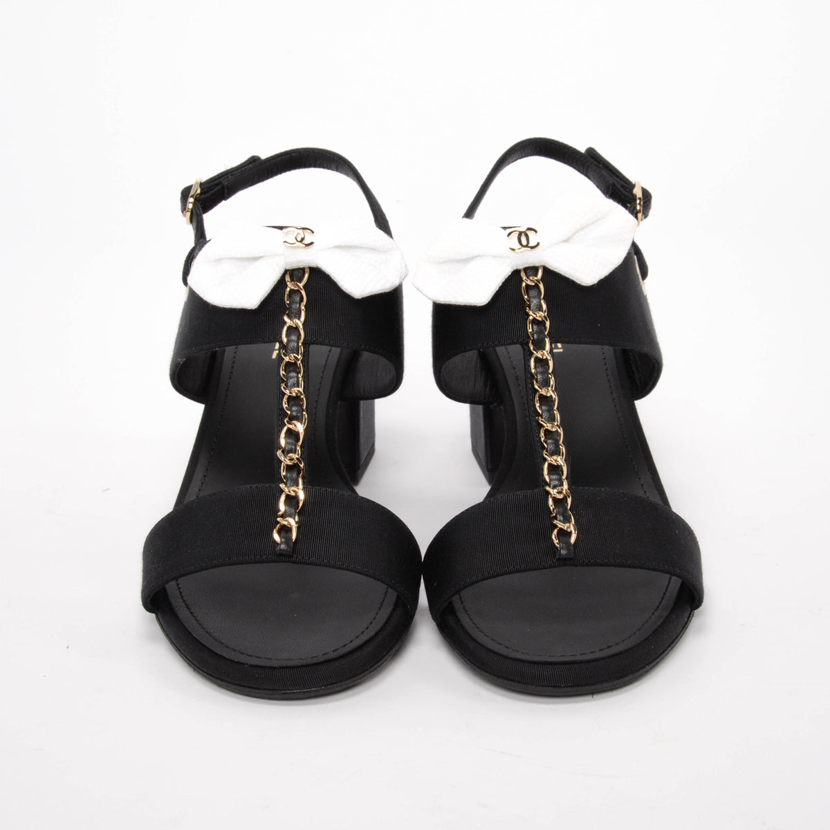 Chanel Black Grosgrain Bow CC Sandals 39