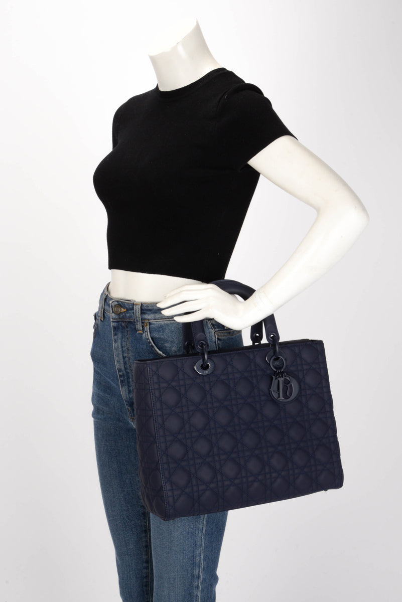 Dior Navy Ultramatte Cannage Calfskin Large Lady Dior Tote
