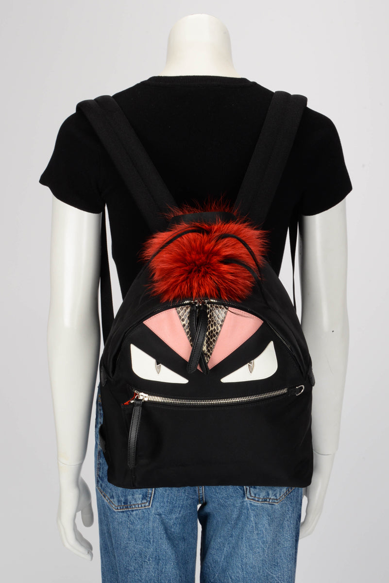 Fendi Black Nylon & Fur Medium Monster Eyes Backpack