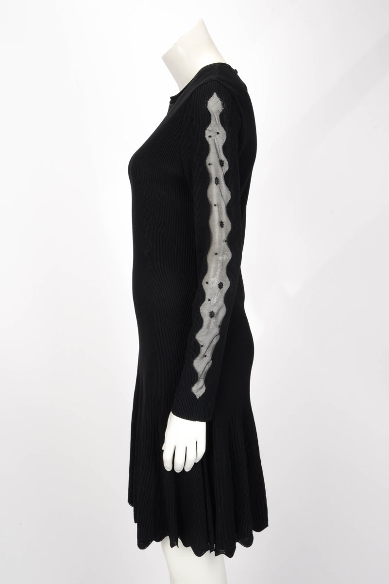 Alexander McQueen Black Ribbed Knit Lace Sleeve Dress L