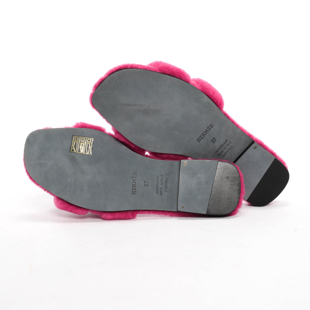Hermes Rose Fuchsia Shearling Oran Sandals 37