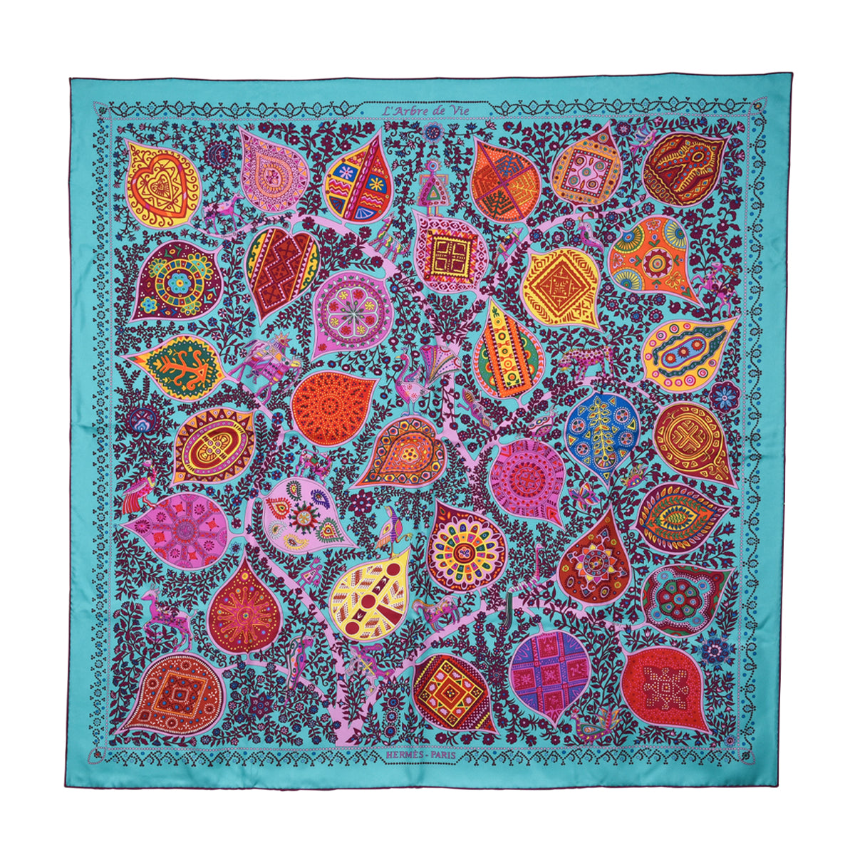 Hermes Teal Silk L'Arbre de Vie Scarf
