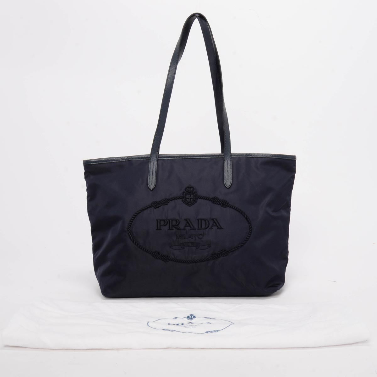 Prada Navy Re-Nylon Embroidered Logo Tote