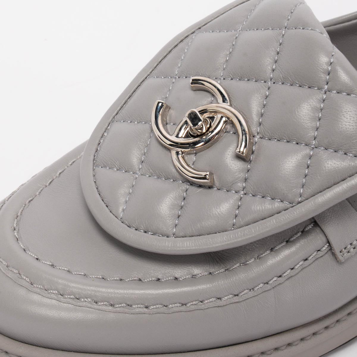 Chanel Grey Lambskin CC Turnlock Loafers 37.5